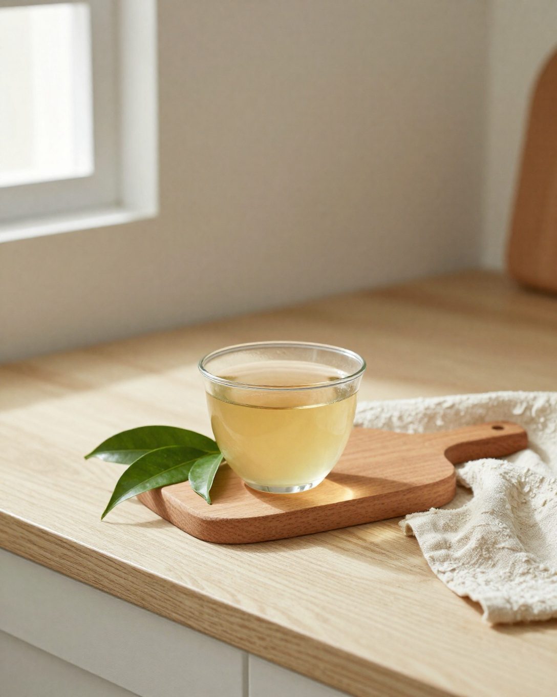 Taza de té de hoja de guayaba con hojas frescas sobre una tabla